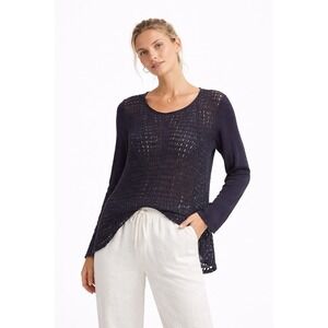 Eileen Fisher Linen Fine Gauge Wave Scoop Neck Top Large Midnight Blue Vacation